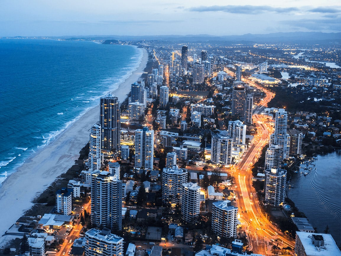 Gold Coast coastline with golden beaches, blue ocean, and city skyline – ideal for weddings – brisbane wedding photographer